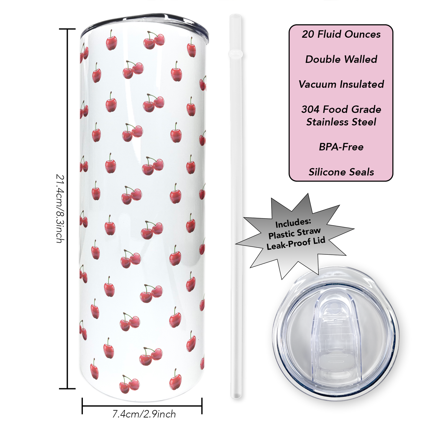 Cherries | 20oz Stainless Steel Skinny Coffee Tumbler