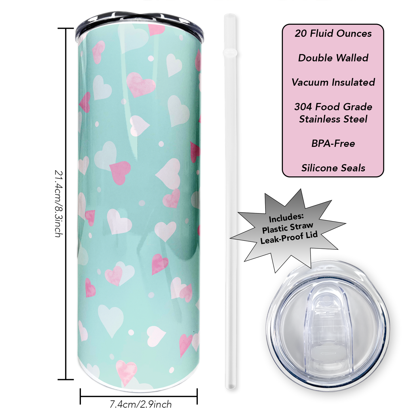 Pink Hearts | 20oz Stainless Steel Skinny Coffee Tumbler