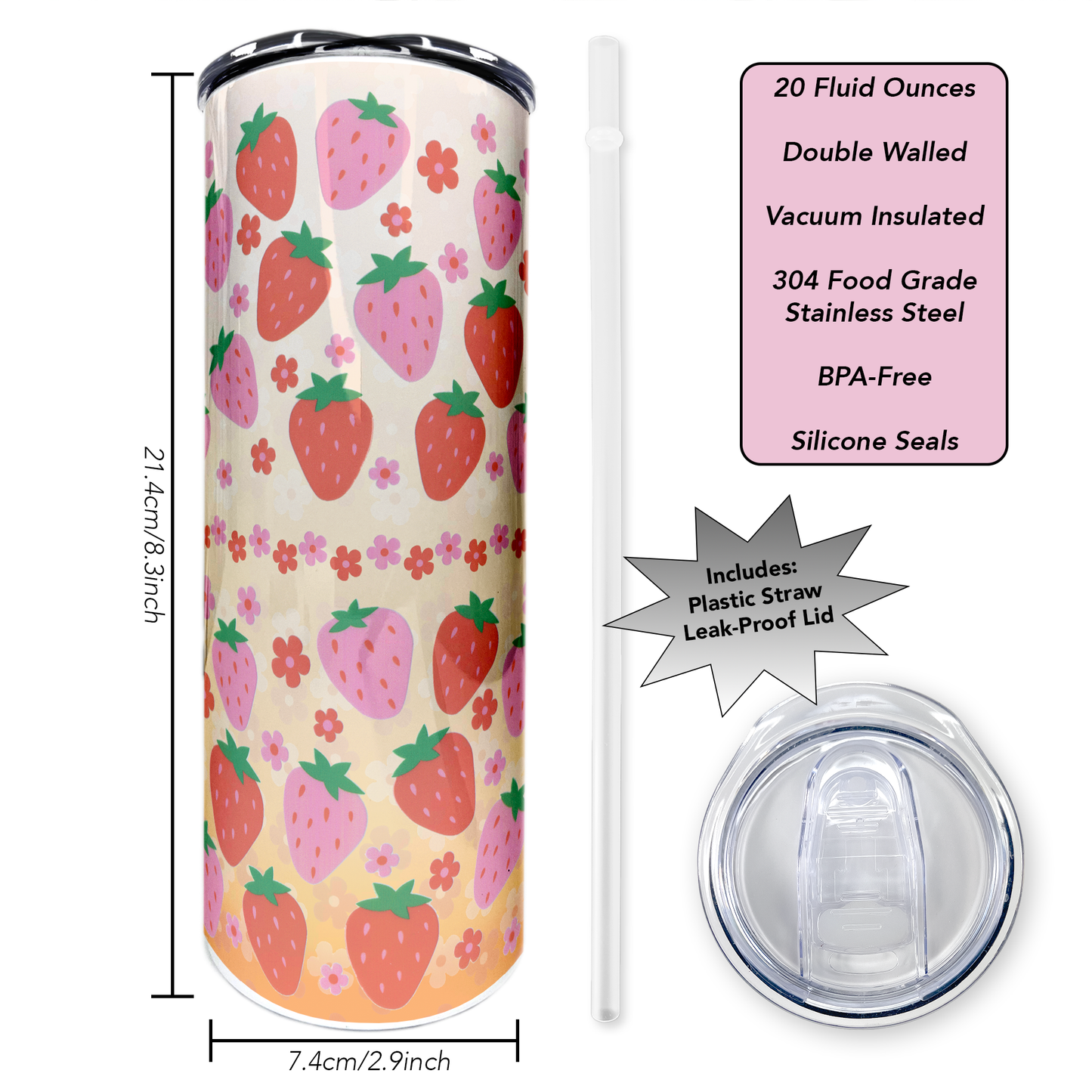 Strawberries - Floral | 20oz Stainless Steel Skinny Coffee Tumbler