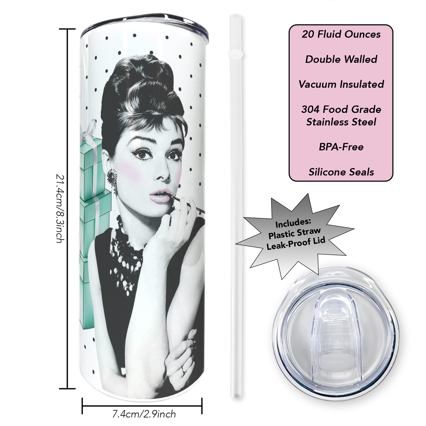 Audrey Hepburn - Polka-Dots | 20oz Stainless Steel Skinny Coffee Tumbler