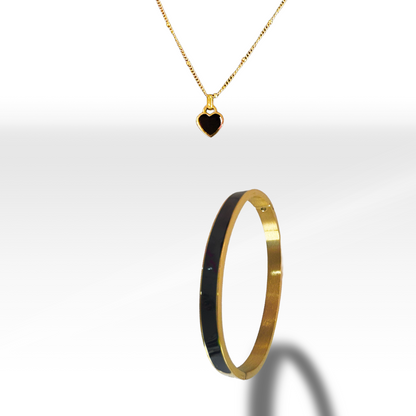 Gold & White Bangle & Reversable Heart Necklace Jewelry Set