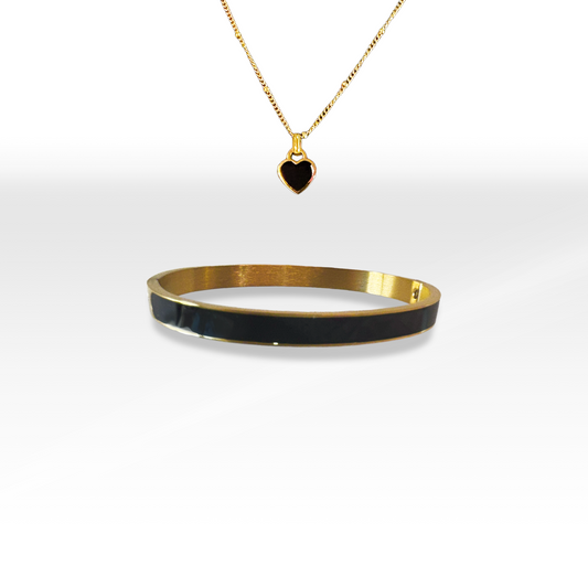Gold & White Bangle & Reversable Heart Necklace Jewelry Set