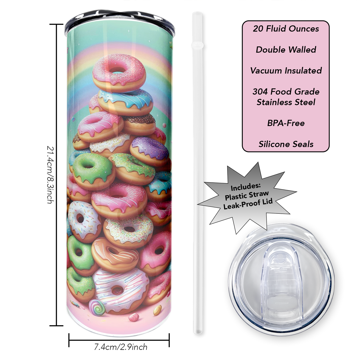 Rainbow Donuts | 20oz Stainless Steel Skinny Coffee Tumbler