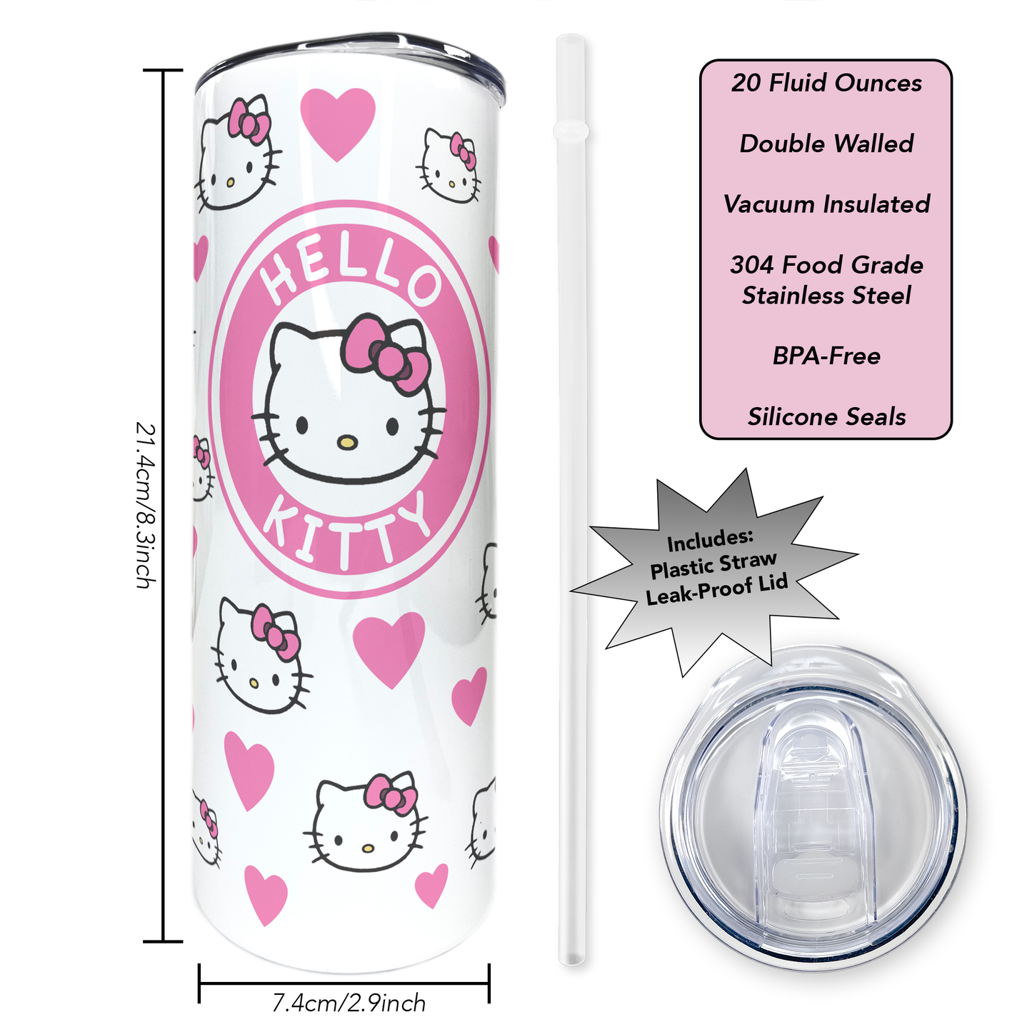 Cartoon Kitty - Hearts | 20oz Stainless Steel Skinny Coffee Tumbler