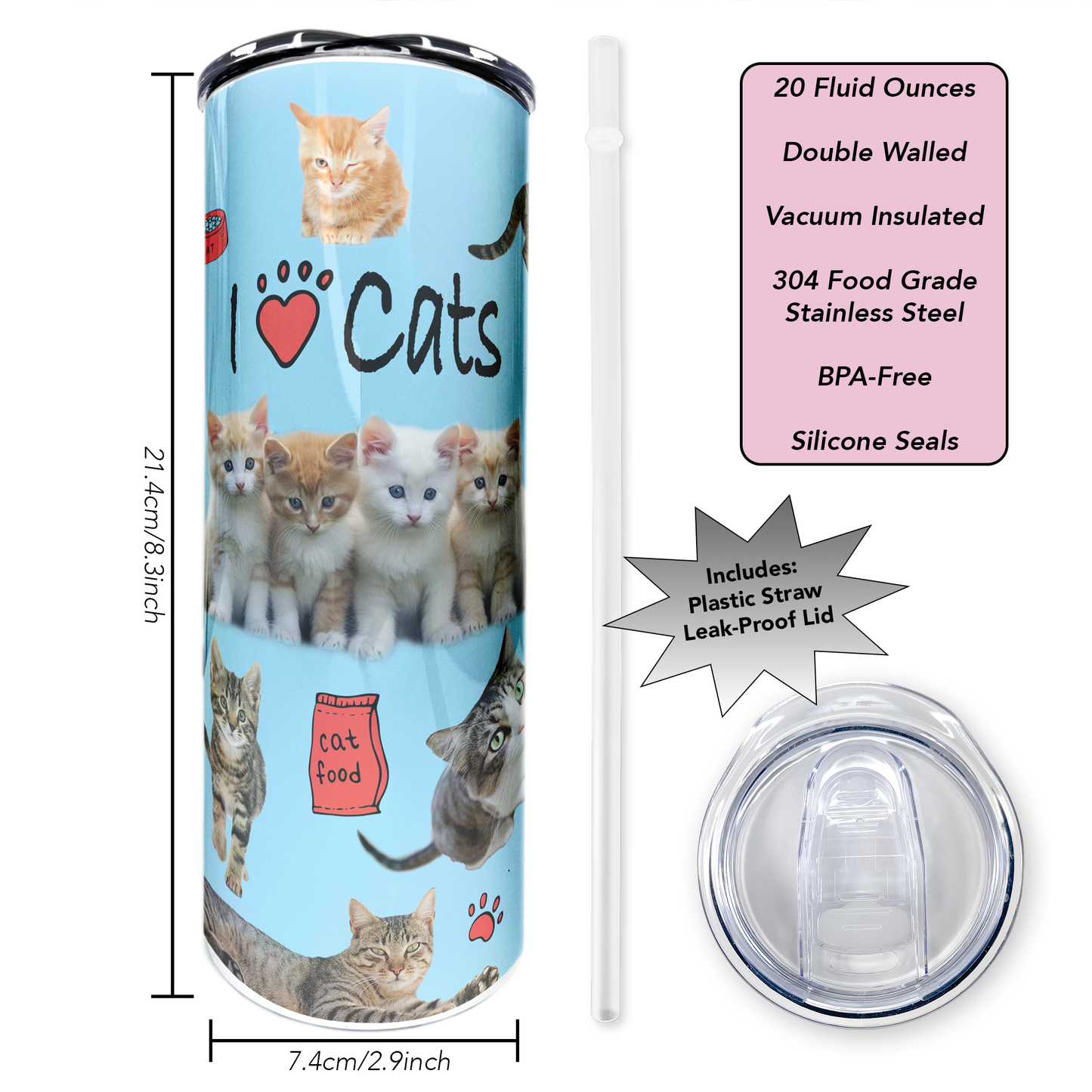 I Heart Cats | 20oz Stainless Steel Skinny Coffee Tumbler