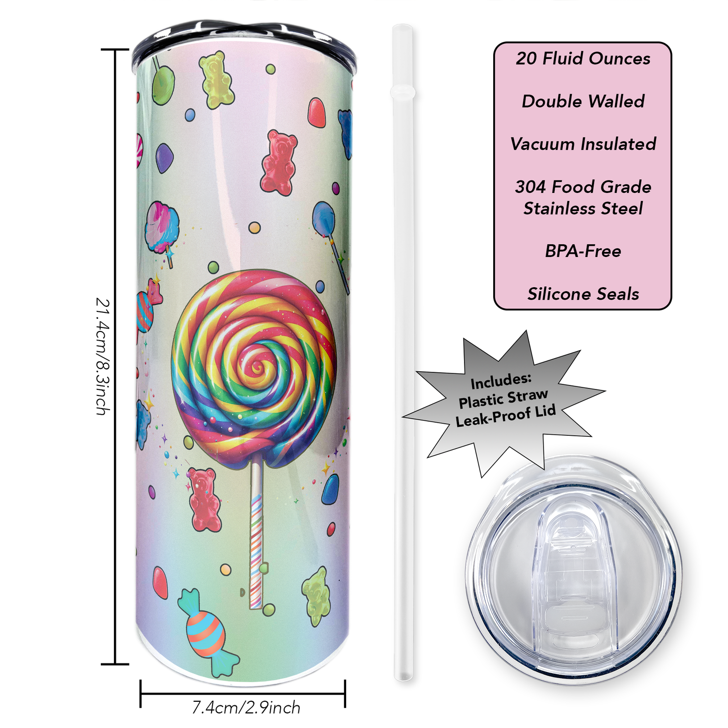 Gummy Bears & Lollipops | 20oz Stainless Steel Skinny Tumbler