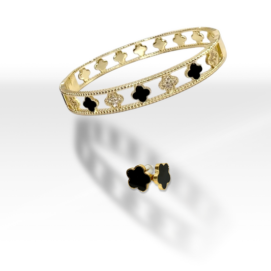 Gold & Black Clover Earring and Bangle Jewelry Set