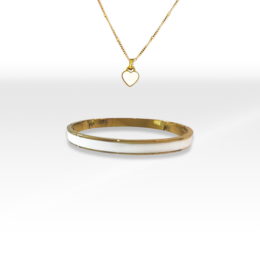 Gold & White Bangle & Reversable Heart Necklace Jewelry Set