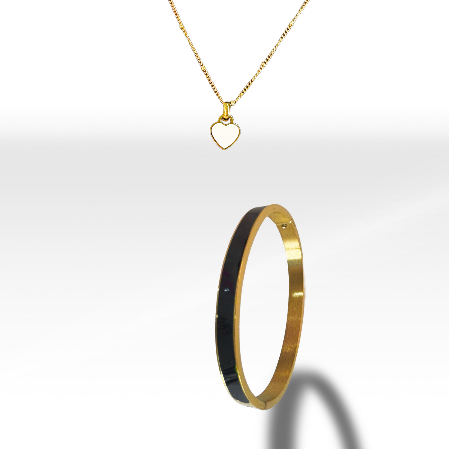 Gold & White Bangle & Reversable Heart Necklace Jewelry Set