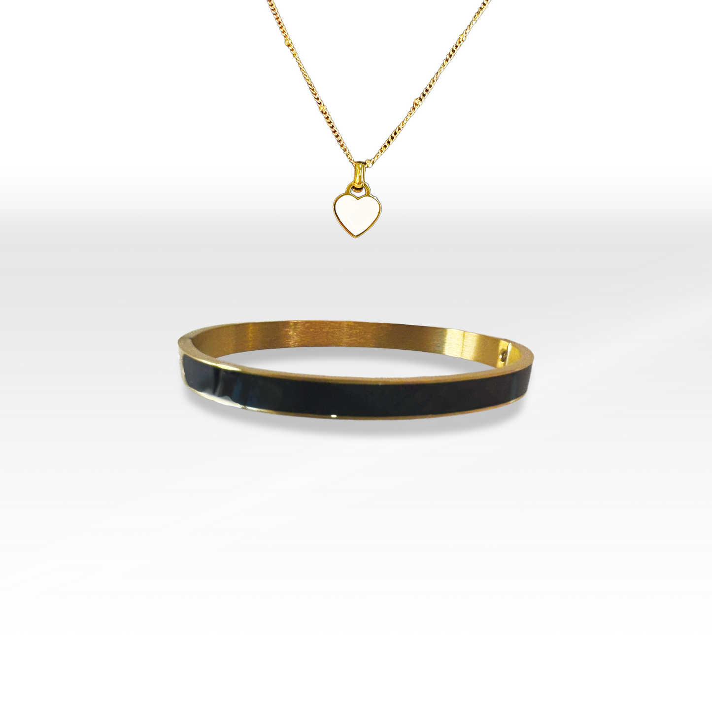 Gold & White Bangle & Reversable Heart Necklace Jewelry Set